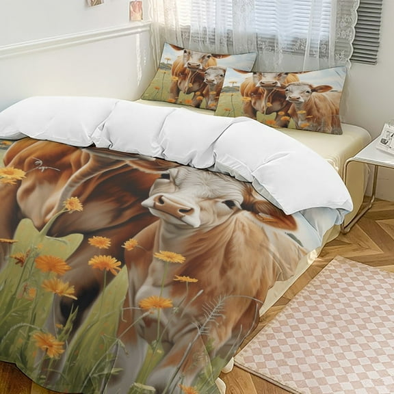 Farmhouse Highland Cow Funny Cattle And Flower 3D Duvet Cover Set Quilt Cover Theme of Kid Boy Girl for Bedroom Decoration