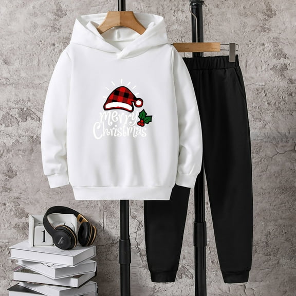 JIANJIA Toddler Boys Outfit Sets Christmas Letter Print Long Sleeve Hoodie Tops With Pants 2Pcs Daily-Wear