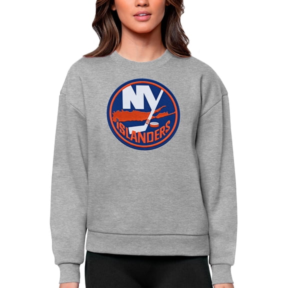 Women's Antigua Heather Gray New York Islanders Primary Logo Team Logo Victory Crewneck Pullover Sweatshirt