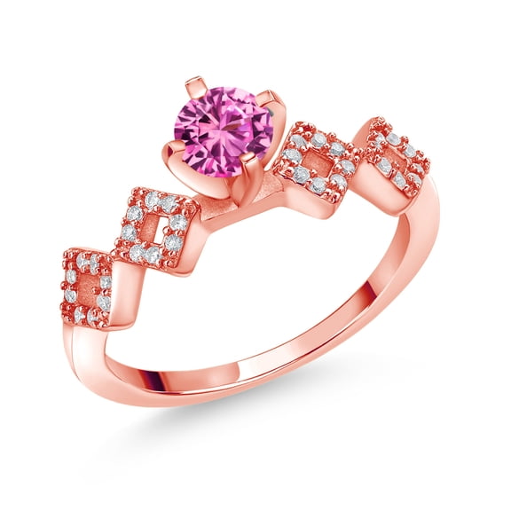 Gem Stone King 0.93 Ct Round Pink Created Sapphire 18K Rose Gold Plated Silver Ring (Size 7)