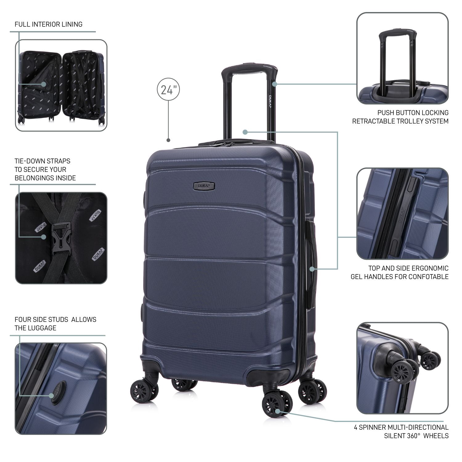 DUKAP SENSE 24" Hardside Lightweight Checked Luggage with Spinner Wheels, Handle and Trolley, Blue