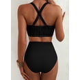 thumbnail image 3 of SHEWIN High Waisted Swimsuits for Women Textured Whip Stitch 2 Piece Bikini Sets V Neck Cross Back Sporty Summer Beach Bathing Suit, 3 of 10