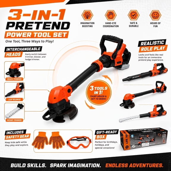 TOYTOY 3-in-1 Kids Pretend Play Gardening Tool Set, Plastic Toy Kit with Weed Whacker, Leaf Blower and Hedge Trimmer