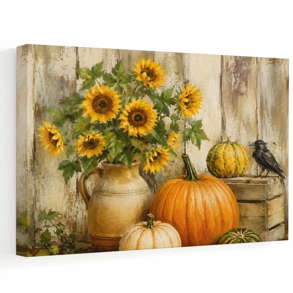 Thanksgiving Fall Canvas Wall Art, Rustic Orange Pumpkin Sunflower Crow Wood Grain Wall Art Prints Artwork Framed Canvas Ready to Hang Art Pictures for Study Living Dining Room Bedroom 20" x 16"