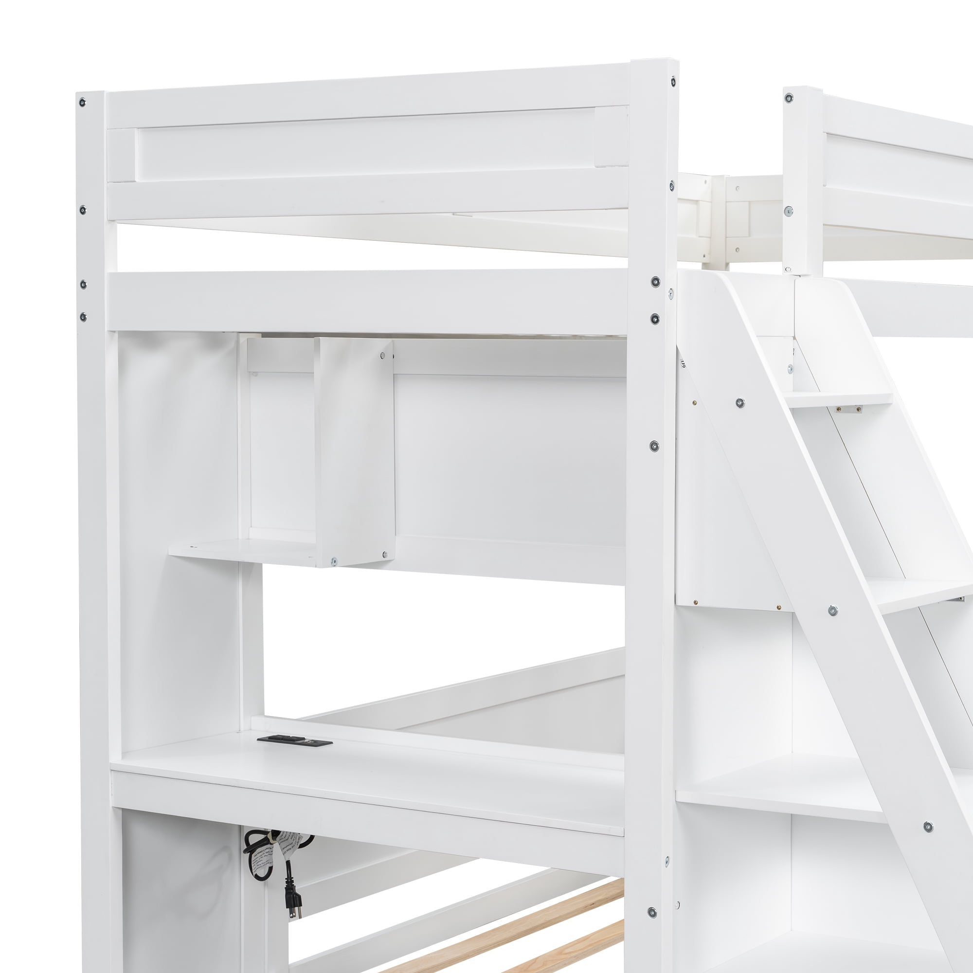 Euroco Wood Twin XL over Full Bunk Bed with Desk, Storage Bed with Shelves and USB Ports, White