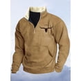 thumbnail image 2 of Men's Western Wool Jacket Denim Bull-Head Print Pullover – Quarter-Zip Stand Collar Long Sleeve Sports Sweatshirt,S,brown, 2 of 4