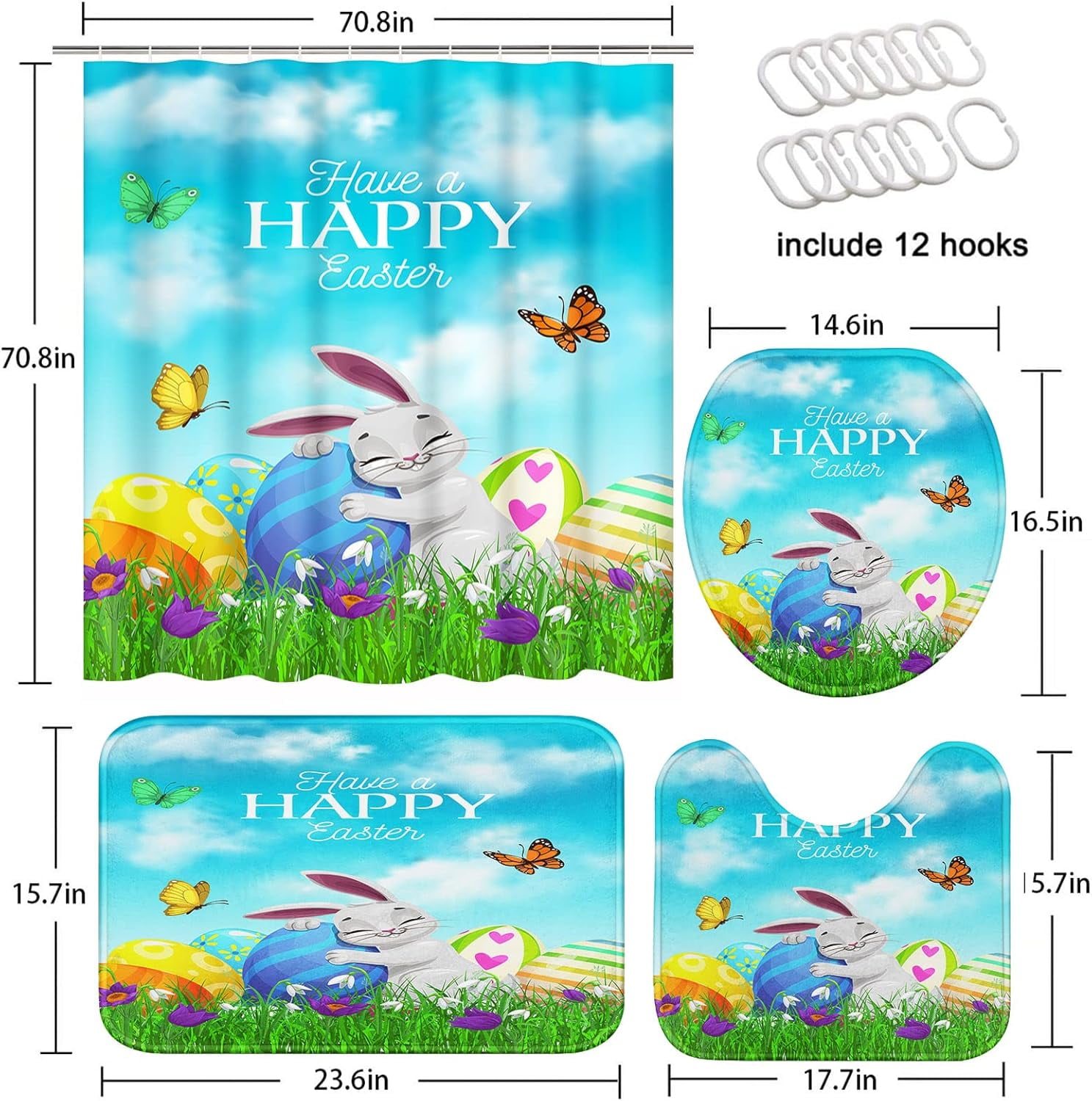 4 Pcs Shower Curtain Set Happy Easter Rabbit Bunny Pet Chocolate Cute with Non-Slip Rugs Toilet Lid Cover and Bath Mat Bathroom Decor Set 72 x 72 inch