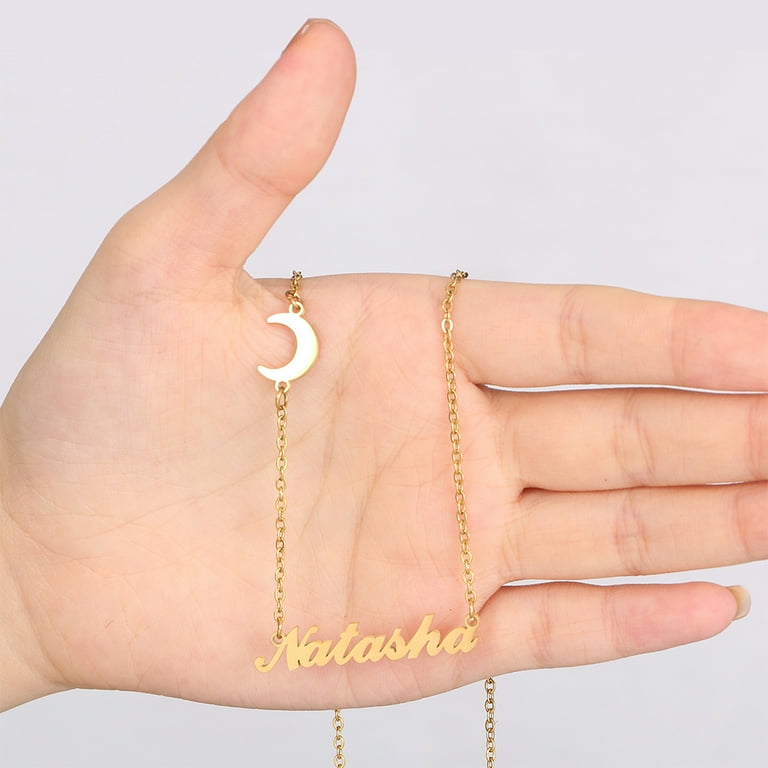 Personalized Name Necklace with Moon, 18K Gold Plated Stainless