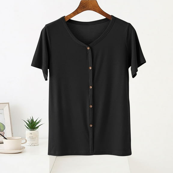 Aboser Women's Ultra Soft T-Shirt Casual Button Down Basic Tees Cozy Modal T Shirts Short Sleeve Summer Tops Solid Color Lounge Shirt Loose Fits V Neck Tshirts