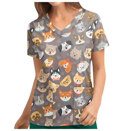 

Yubatuo Independence Day Women Plus Size Scrubs Top with Pockets V-Neck Short Sleeve Printed Work Blouse for Women Gray XL