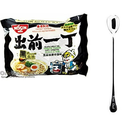 NISSIN Demae Ramen Noodle with Soup Base (Black Garlic Oil Tonkotsu Pork Flavor 3 Pack) + One NineChef (Best Tonkotsu Ramen Tokyo)