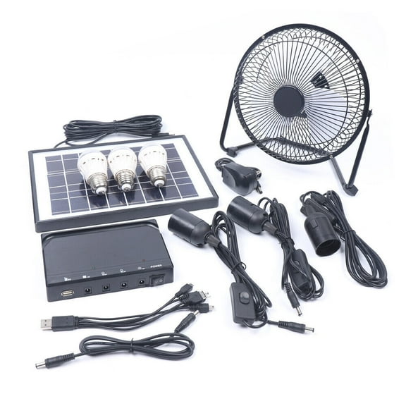 Solar Power Panel Kit and Fan & LED Light,USB Charging,for Home Outdoor Camping Portable Solar Lighting System Kit W/ 3 Led Lights,8'' Fan,Solar Panel & Battery