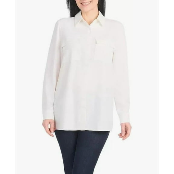 Hilary Radley Women's Roll Tab Sleeve Blouse with Chest Pockets-Small