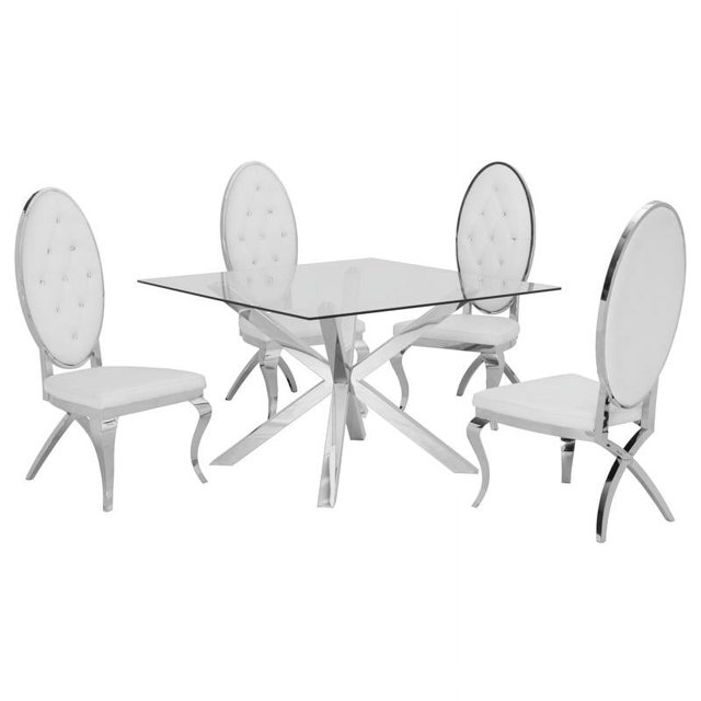 Ensemble de 5 Pièces Carré 47" x 47" en Acier Inoxydable Argenté et Chaises