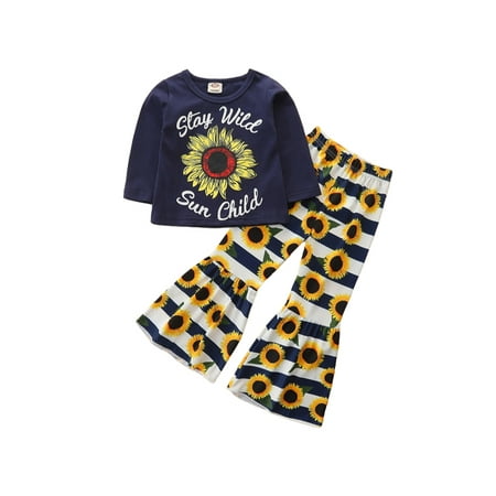 

PBaeM Infant Girls Sun Flower T-Shirt Striped Print Flare Pants Two-Piece Set
