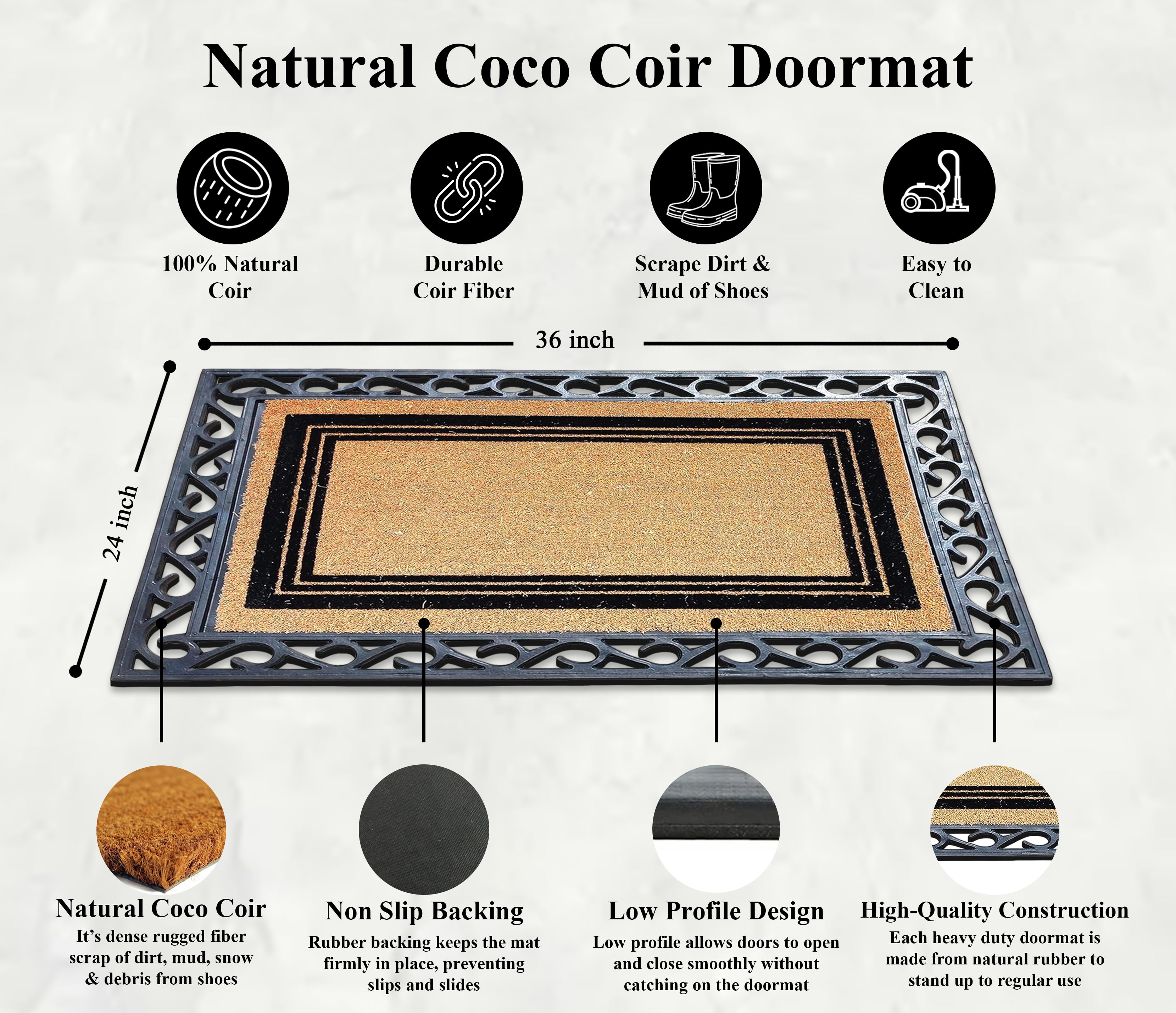 A1HC First Impressions Natural Rubber Coir Doormat for Outdoor and Indoor Entrance Mat 24-inch x 36-inch