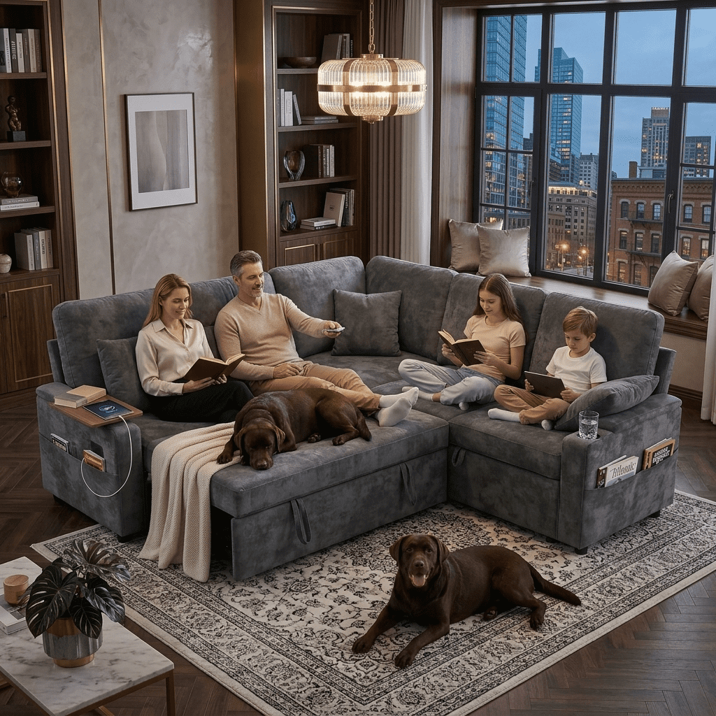 EPOWP 81" Modular Sectional Sleeper Sofa, L Shaped 5-Seater Couch with Pull Out Bed, Large Storage Chaise, USB Charging Ports & Cup Holders, Chenille Sofa Bed for Living Room, Grey