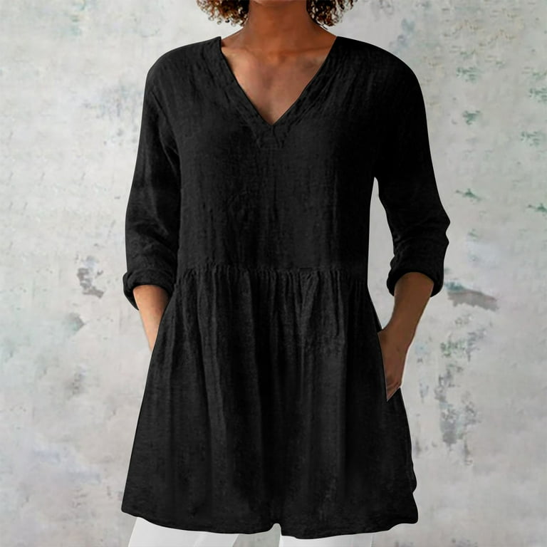 WCJM Women's Long Sleeve Pocket Casual Loose T-Shirt Dress Women's Long  Sleeve T-Shirt Women's Spring and Summer New Cotton and V Neck Mid Sleeve  Mid Length T Shirt - Walmart.com