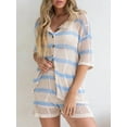 thumbnail image 6 of Yunliwuli Women 2-piece Striped Knit Outfit, Short Sleeve Button-down Shirt with Shorts Hollowed Summer Outfit, 6 of 10