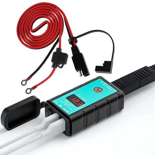 Motorcycle USB Charger SAE to USB Adapter 20W Type C PD and QC 3.0 Dual USB Charger with Voltmeter ON/Off Switch Waterproof Motorcycle Fast Charger Kit for Phone Tablet GPS Camera