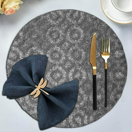 

Silver Gray Beaded Placemats Pack of 1 for Dining Coffee Table Scratch Heat Stain Resistant Anti Skid Charger Kitchen Decor Durable Tablemats - Holiday Gathering Party Occasions - 14 Inches