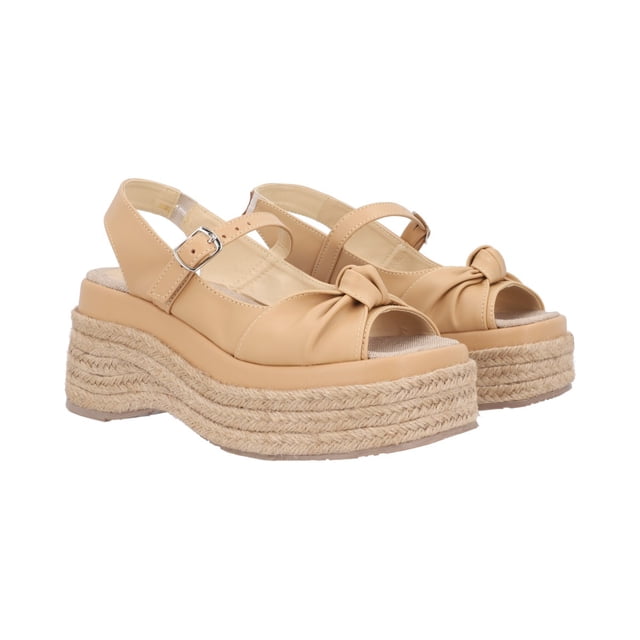 Sandalia De Plataforma Perla Con Yute Natural Cabra Piel Camel Para Mujer