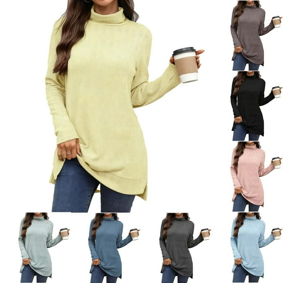 Zedker Women's Tunic Tops Long Sleeve Mock Turtle Neck T Shirt Loose Fit Dressy Casual Textured Pullover Shirts with Side Split Black L