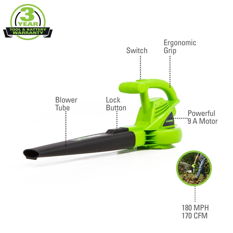 Greenworks 9 Amp (170 Cfm /180 mph) Corded Electric Leaf Blower