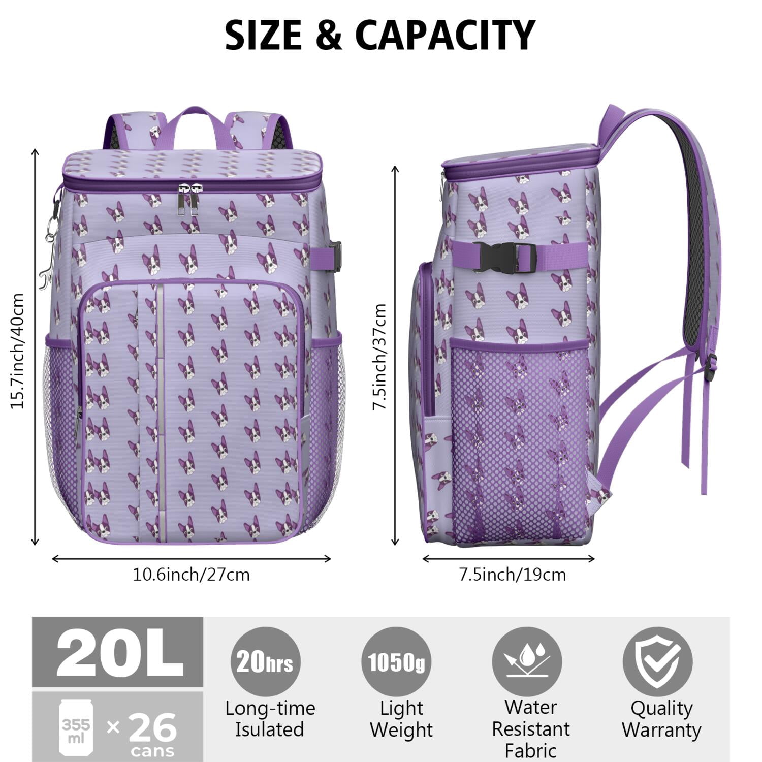 Travel Cooler Bag - Purple Boston Terrier Puppy Camping Beer Cooler Backpack with Bottle Opener- Waterproof Insulated Picnic Backpacks - Cooler Bag for Beach