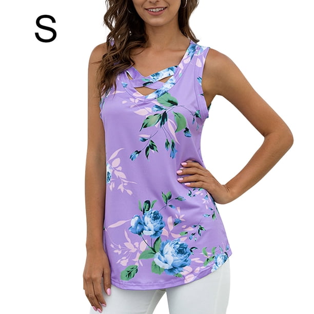 Chaleco de mujer Boho sin mangas sin mangas con estampado floral camiseta con cuello en V, morado claro, S seitruly AP002566-11