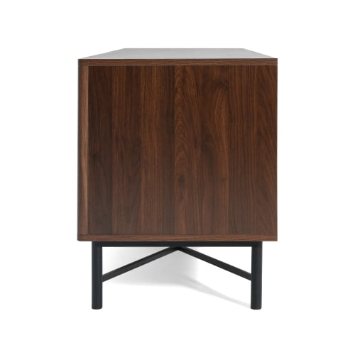 Functional 4-Door TV Cabinet, Modern Chestnut Entertainment Center with Adjustable Shelves, Cable Management, Iron Legs, Storage for Living Room, Fits 65 Inch TV, 66"x18"x23", Easy Assembly