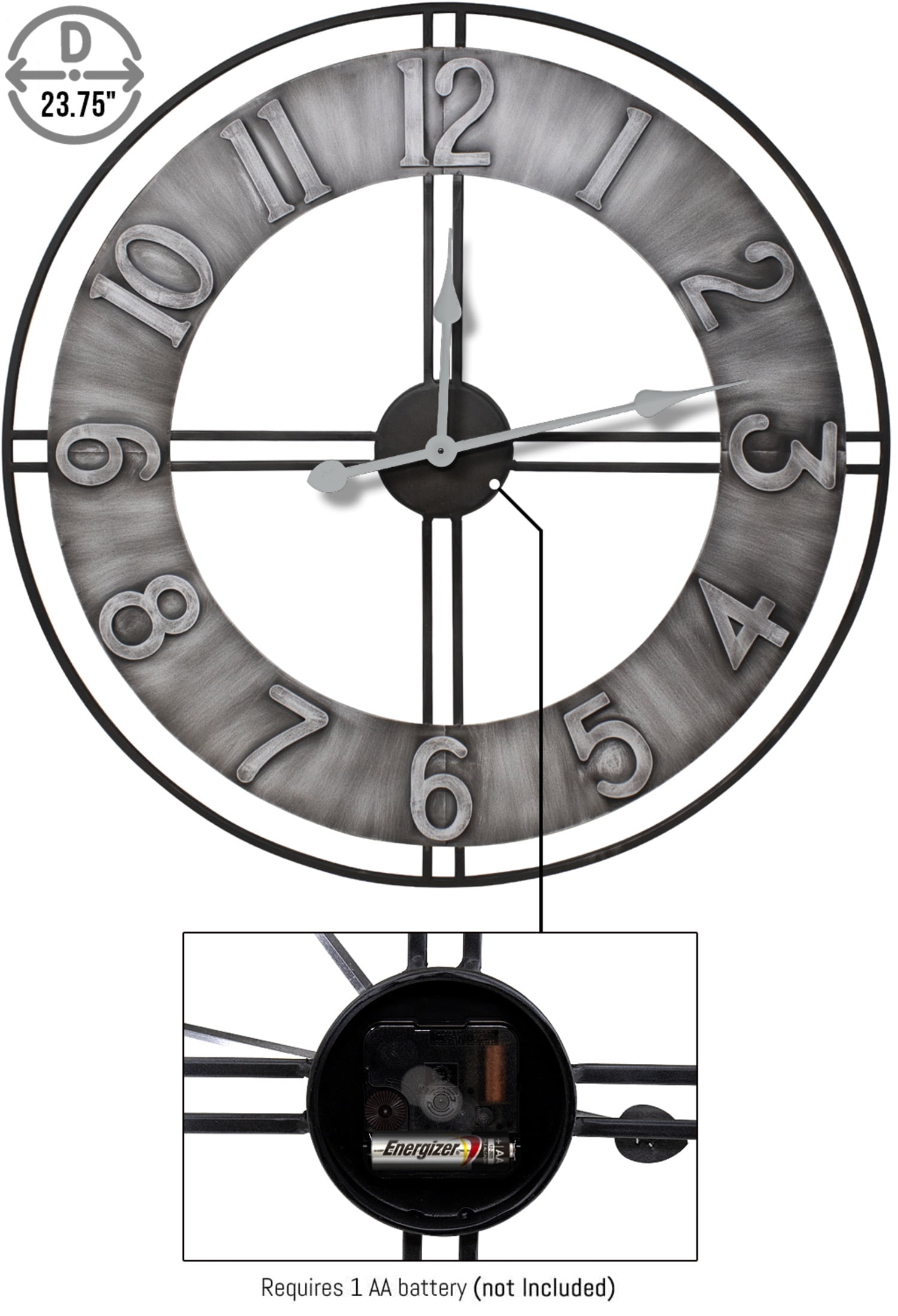 Sorbus 24" Oversized Decorative Wall Clock, Gray Metal, Arabic Numerals, Quartz