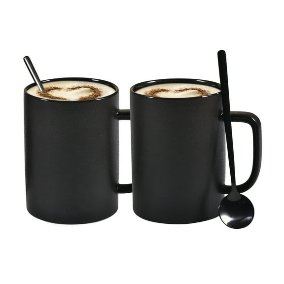 Coffee Mugs, Matte Black Ceramic Mug Set of 2, 13.5 OZ Large Coffee Set with Black Coffee Spoons, Big Cups for Cappuccino Latte or Tea for Home Office Restaurant or Bar, for Men and Women Couple Gift