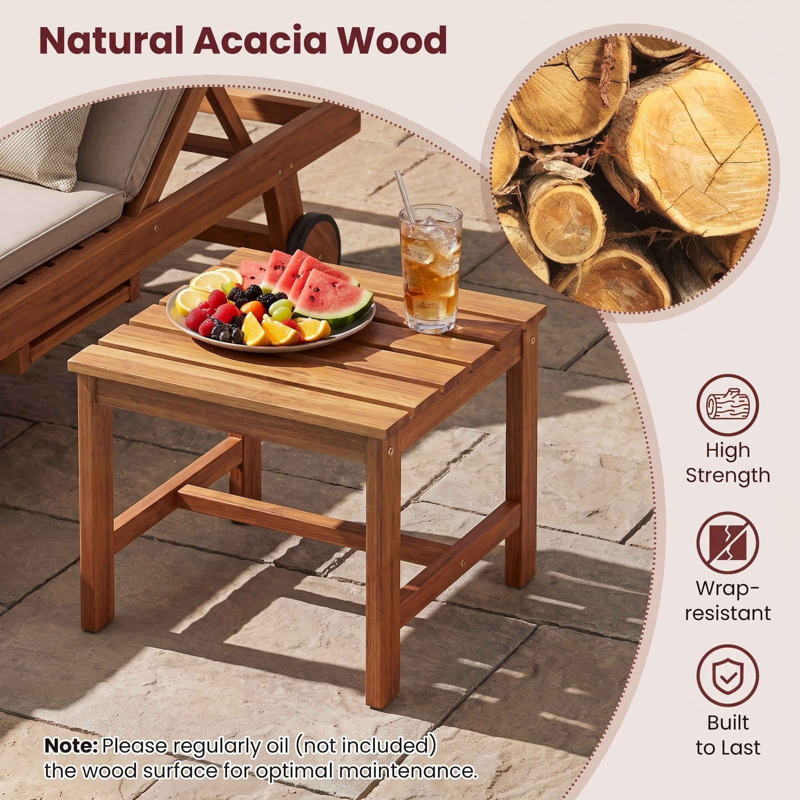 Furnibear 17-Inch Square Patio Acacia Wood Side Table with Slatted Top, Outdoor End Table for Garden Poolside Deck Balcony, Natural