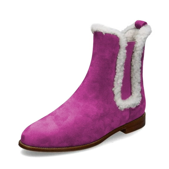 XYD Women Round Closed Toe Chelsea Boots Side Elastic Furry Fireside Ankle Booties Cold Weather Flat Shoes Size 7 Magenta