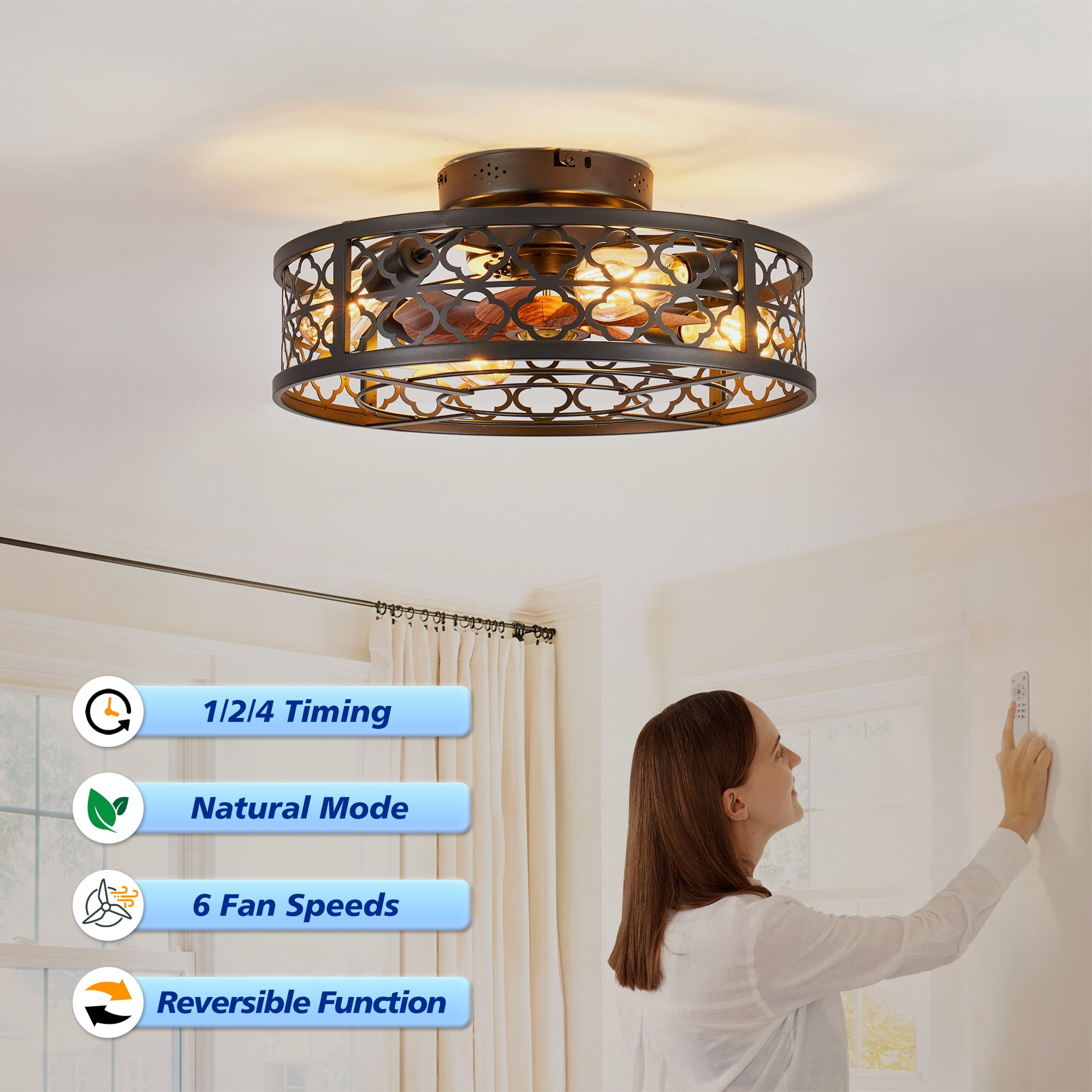 Leumius 20" Flower Style Iron Ceiling Fans with Lights and Remote, Farmhouse Flush Mount Ceiling Fan with 6 Speeds Reversible Motor for Living Room Bedroom Dining Room (NOT Included Bulbs)