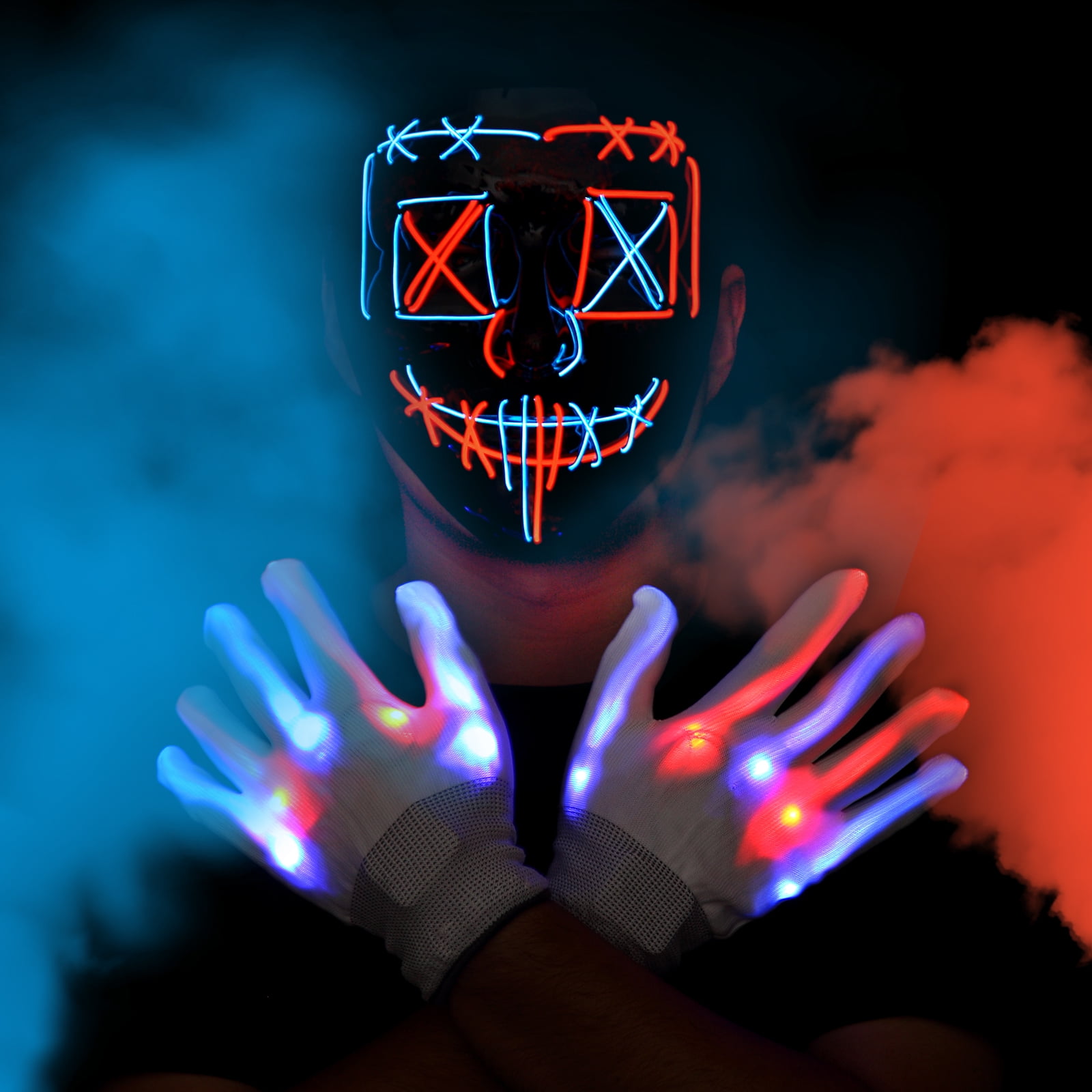 Halloween LED Mask Skeleton Gloves Set, Light Up Scary Mask with LED Glow Gloves for Festival Cosplay, Halloween Costume Masquerade Parties