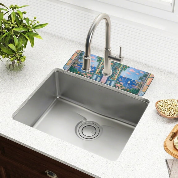 Yayeee Faucet Mat for Kitchen Sink 14.7" Diatomite Long Splash Guard Pad, Sea Window