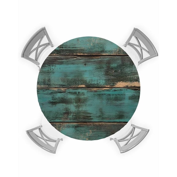 nqOlkjepod Teal Brown Wood Print Round Tablecloth, Fitted Table Cover with Elastic for 45"-54" Round Tables, Farmhouse Vintage Plank Table Cloth Outdoor Indoor Dinning Party Waterproof Tablecloths