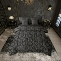 Erosebridal Boho Black Grey Damask Bed in a Bag Twin Size, Victorian Baroque Bed Set, Reversible 7 Pieces