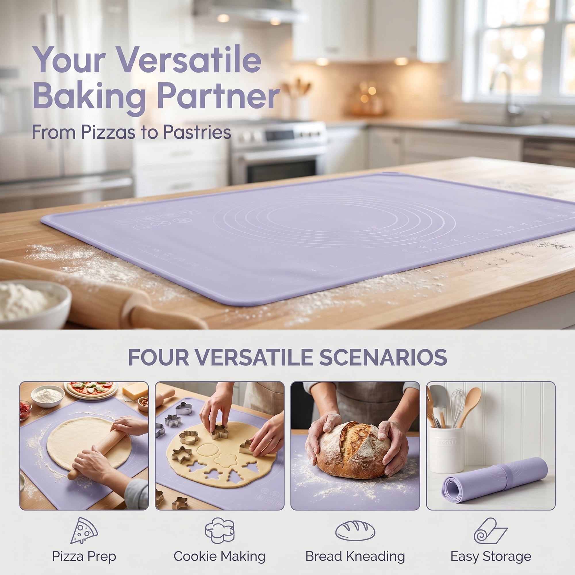 Unique Bargains Solid Color Silicone Pastry Baking Mat with Measurements Purple 15.7"x23.6"