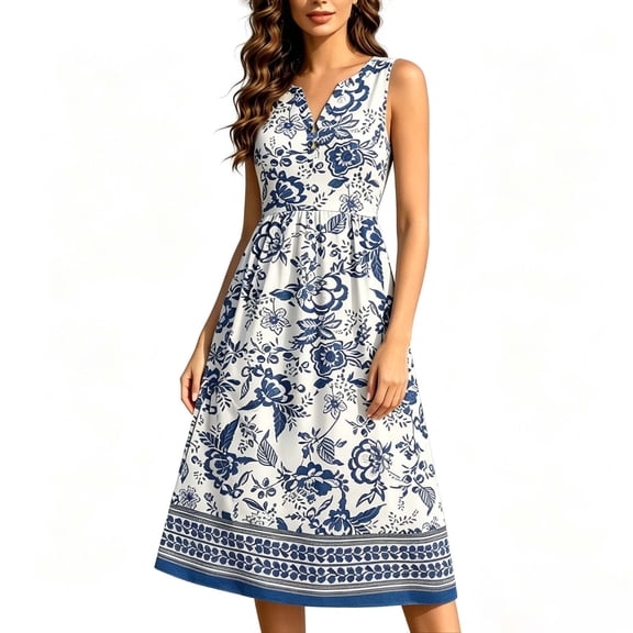 Erwazi Summer Dresses for Women Floral Print Sleeveless V Neck Button A-Line Midi Dress Trendy Casual Style Outdoor Wear Dresses