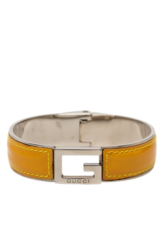 Pre-Owned Gucci G-logo bangle, silver, yellow patent leather, metal, men's.
