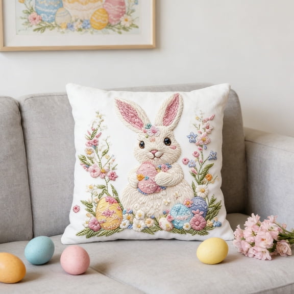AuroraX Embroidered Easter Throw Pillow Covers 18x18 Inch Farmhouse Plush Velvet Outdoor Square Eggs Bunny Rabbits Floral Decorative Pillow Covers Spring Cushion Case for Couch Sofa Bench