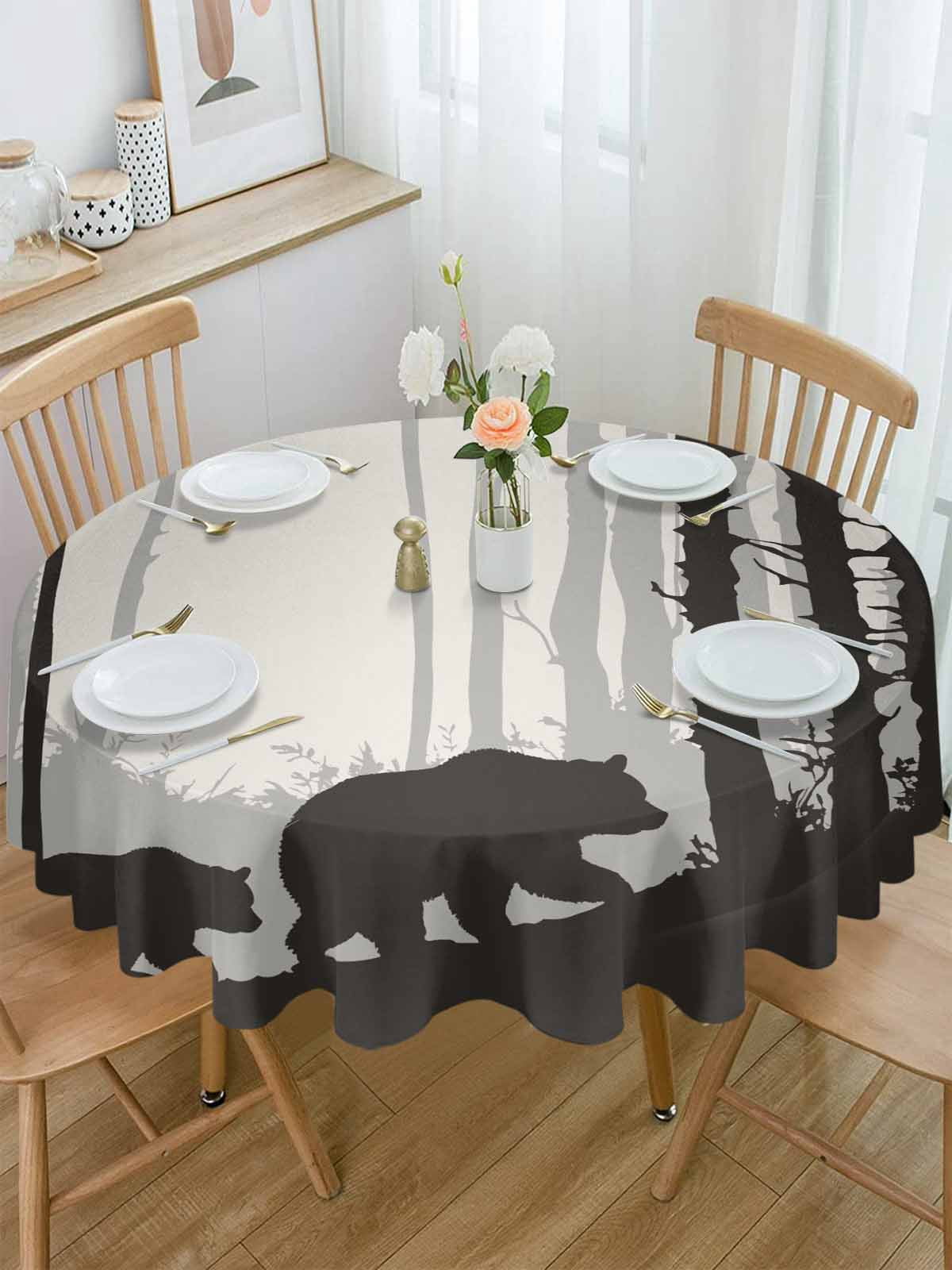 Round Tablecloth Rustic Forest Bear Silhouette Waterproof Oil Proof Polyester Table Cloth Cover Decor for Home Dining Outdoor,Patio,Parties, 54" Dia. Black Gray Farmhouse Country
