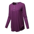 thumbnail image 2 of A2Y Women's Premium Solid Long Sleeve Dolphin Hem Shell Button Henley Top Shirt Dark Plum 1XL, 2 of 6