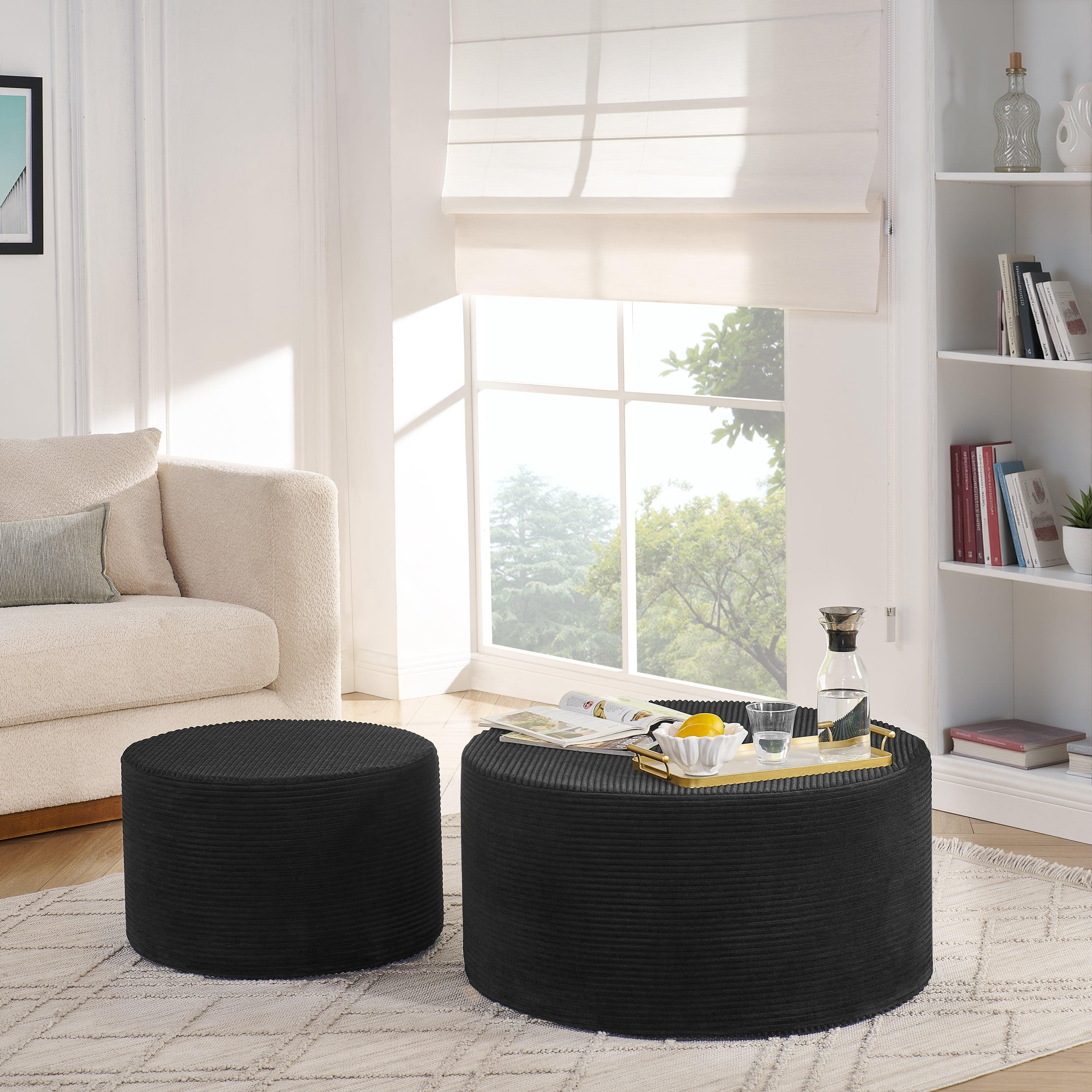 Garitin Ottoman Set of 2 and Round Cylindrical Floor Stools, Upholstered Pouf Seating for Living Room Bedroom Lounge, Black