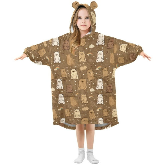 Wearable Blanket Hoodie for Kids Cute Bear and Rainbow Flannel Hooded Blanket with Pockets and Sleeves Suitable for Boys and Girls