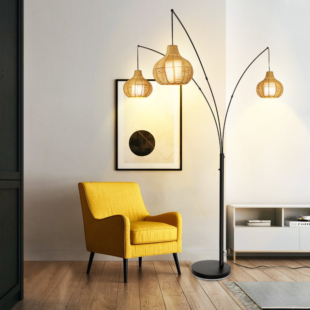Depuley 90-Inch 3 Light Farmhouse LED Floor Lamp with Adjustable Heads and Rattan Lampshades, E26 Bulb