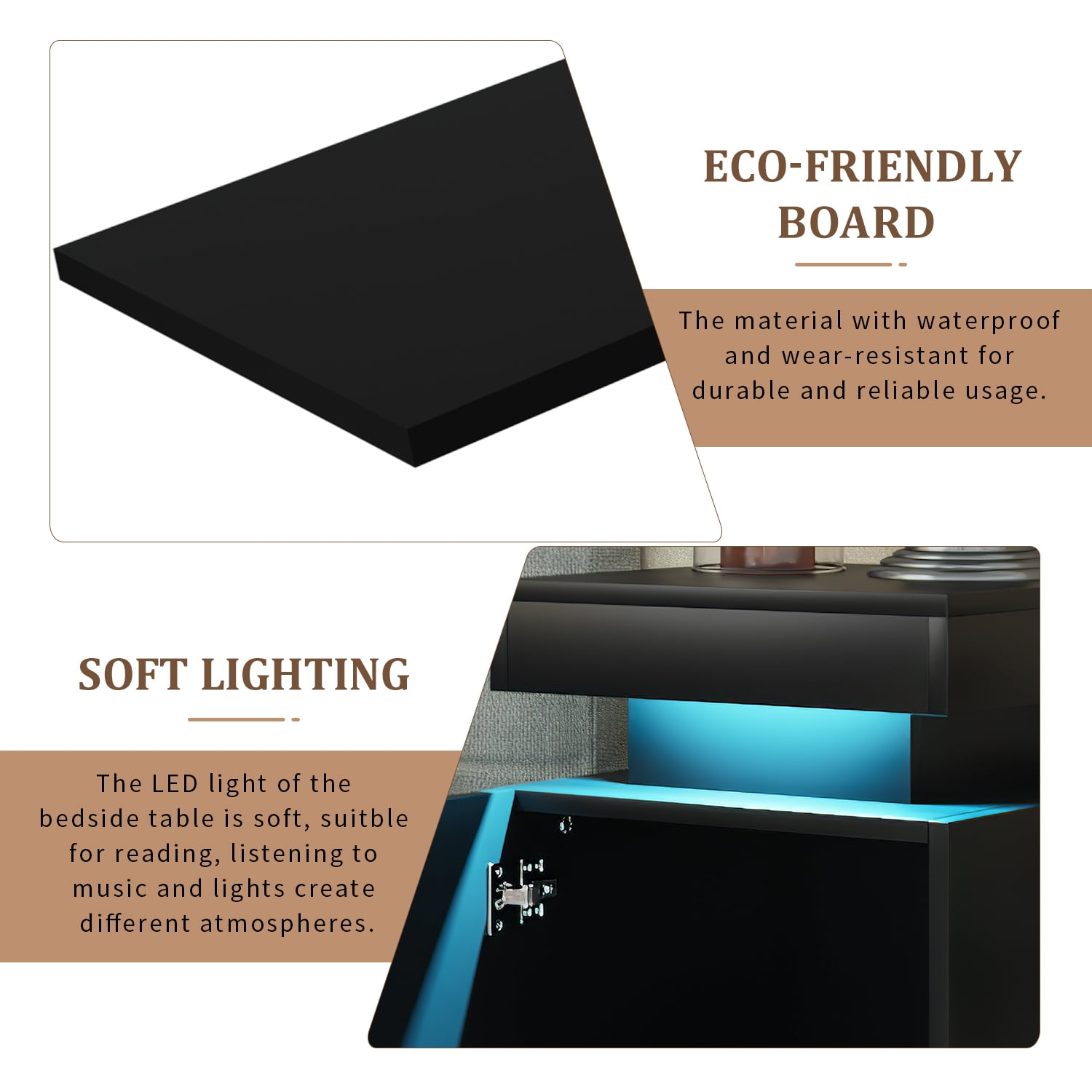 EVmore Set of 2 Home Nightstand, Black, with 24 Color LED Lights